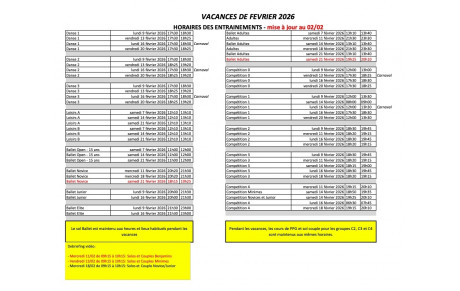 Horaires vacances de Février 2026 (modifié au 03/02)